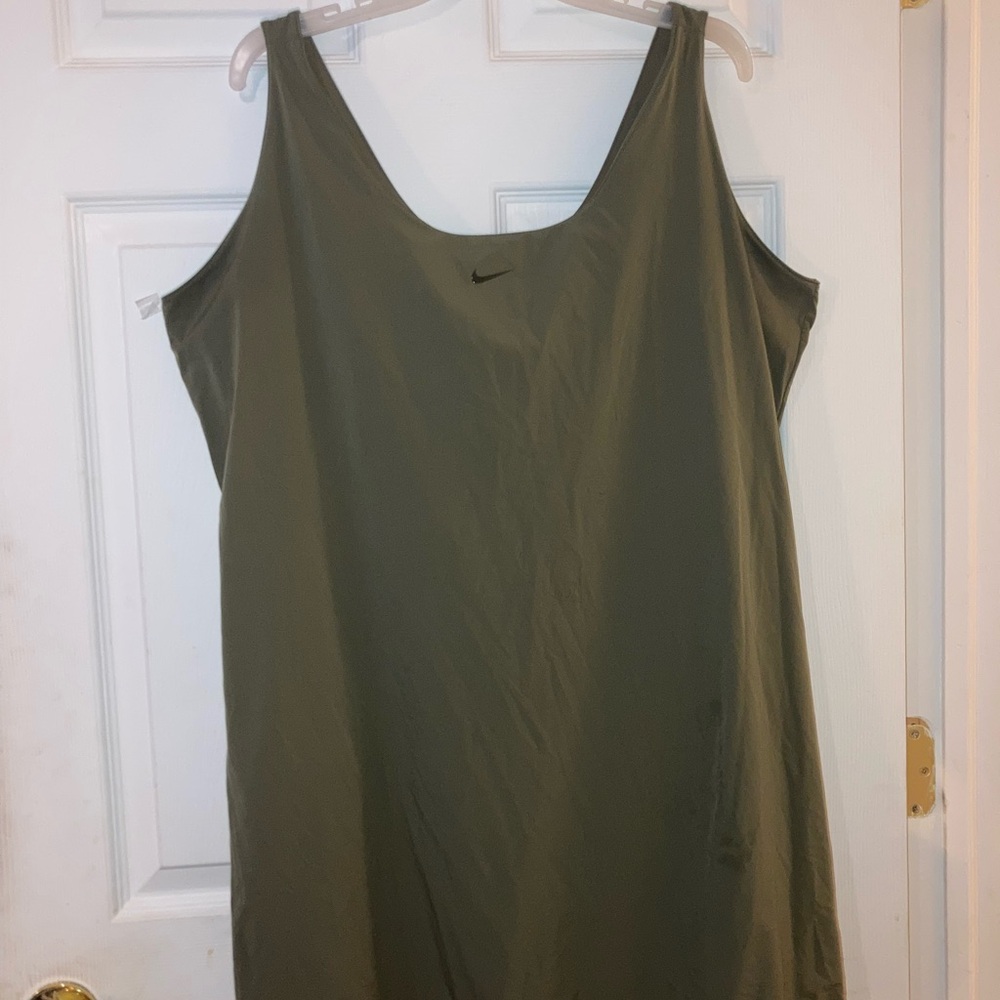 Nike Bliss Luxe Olive Green Scoop Neck Athletic Training Tank Dress with shorts.